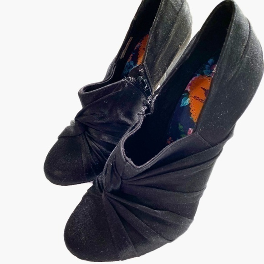 ROCKET DOG Black Satin Fabric Side Zip Cone Heel Booties